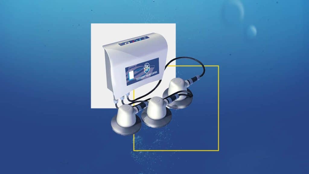 The EFC ultrasonic antifouling unit underwater is an alternative to paint.